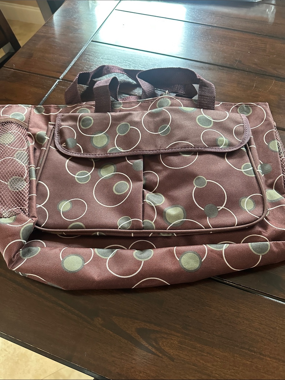 Circle-Print Brown Everyday Tote with Front Pockets